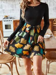 SHEIN LUNE 女性銀杏葉印花拼接打結裙 - 彩色 - 查看 4