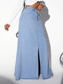 SHEIN SXY Ladies' Super Long Denim Skirt With Front Slit