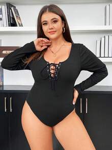 SHEIN Essnce 女款大尺碼純色十字繫帶緊身長袖連身衣 - 黑色 - 查看 6