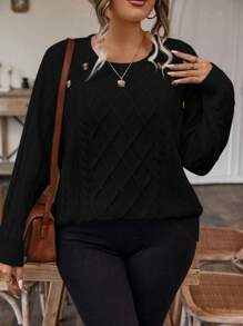 SHEIN LUNE Plus Size Women's Raglan Long Sleeve Sweater - Black - View 3