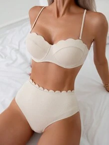 SHEIN Swim 夏季沙灘海貝邊緣細節純色比基尼套裝婚禮 - 米色 - 查看 1