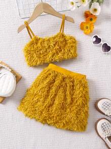 SHEIN Young Girl Plush Solid Color Cami Top & Skirt Set - Ginger - View 1