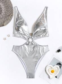 Swim SXY Women'S Metallic Cutout Monokini Swimsuit Summer - Silver - View 4