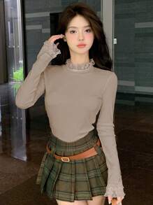 DAZY Women's Long Sleeve Mesh Contrast T-Shirt Going Out Tops - Khaki - View 4