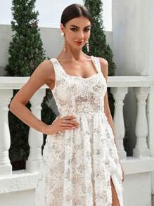 SHEIN Belle 3D Hoa & Long lanh Trang trí Mỹ nhân ngư Phong cách Đẹp Váy dự tiệc - trắng - Xem 2