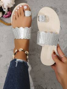 Women's 2024 Summer New Korean Flat Heel Slide Sandals With Rhinestone & Open Toe - Silver - View 1