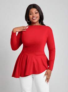 SHEIN Lady Áo thun nữ dài tay có viền bất đối xứng cỡ lớn - Đỏ - Xem 4