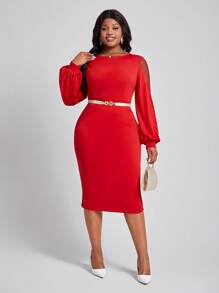 SHEIN Lady Của phụ nữ Kích thước lớn Lưới Vòng cổ Bên Khe Đầm - Đỏ - Xem 6