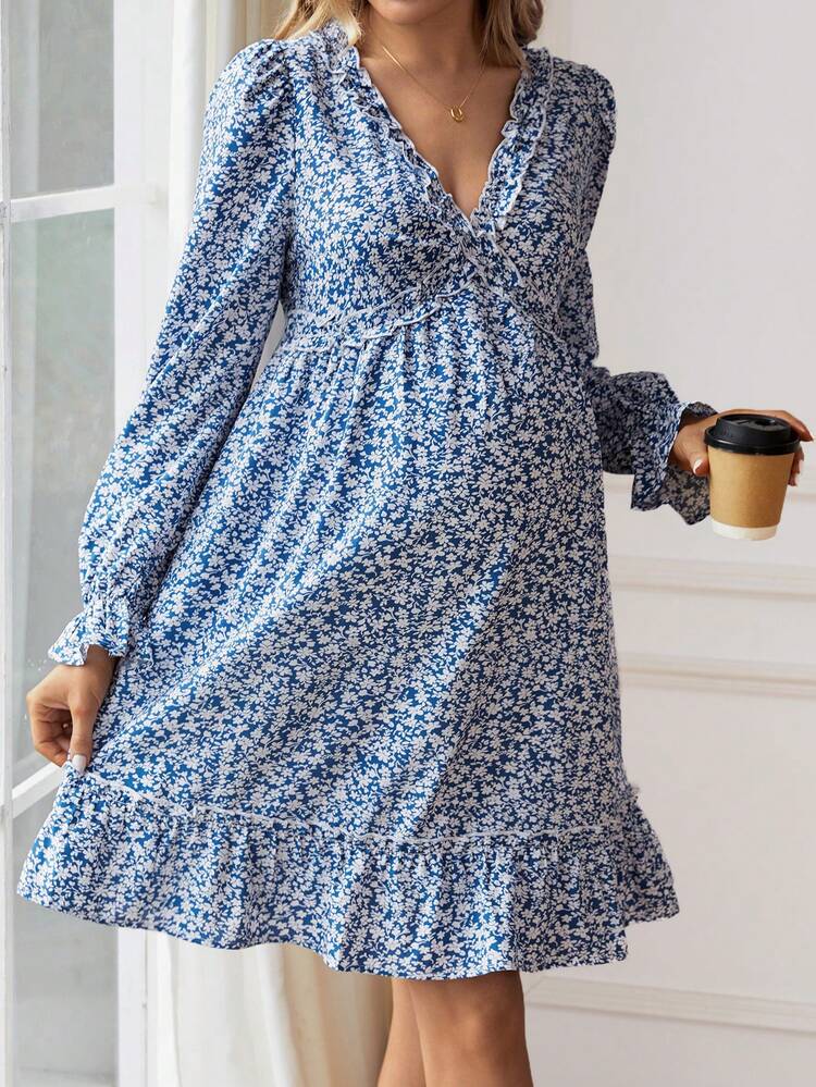 Maternity Ditsy Floral Print Ruffle Trimmed Dress