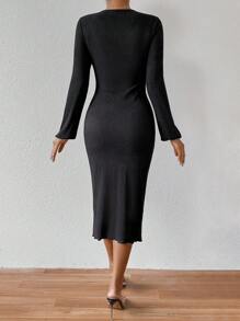 Chiquease Solid Color Slim Fit Hollow Out Dress - Black - View 2