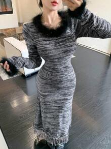 DAZY Women's Patchwork Furry Long Sleeve Sweater Dress - Grey - View 5