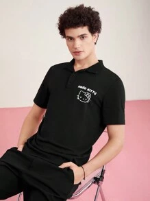 HELLO KITTY AND FRIENDS | SHEIN Men Letter & Cartoon Print Short Sleeve Polo Shirt - Black - View 5