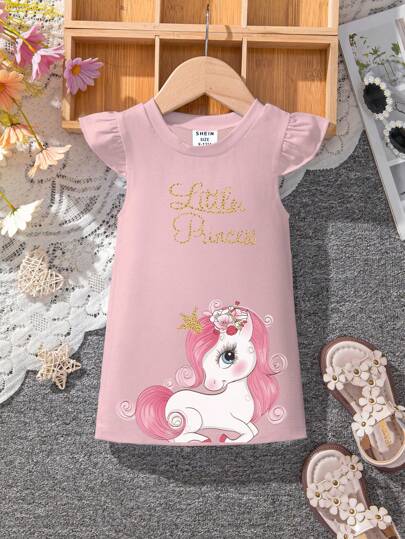Baby Girl Unicorn & Letter Print Cap Sleeve Dress