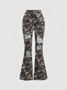 SHEIN Teenage Girls' Camouflage Print Casual High Waist Flared Jeans - Army Green - View 1