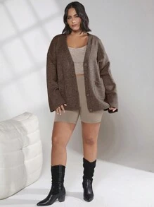 SHEIN BASICS 女裝加大尺碼純色雙口袋釦扣開衫毛衣 - 棕色 - 查看 4