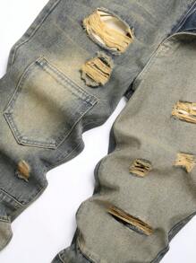 Jeans Ajustados Y Rasgados Para Hombres - Azul lavado medio - Ver 5