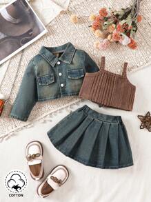 嬰幼女寶寶短款背心上衣,牛仔夾克和a字牛仔裙 - 彩色 - 查看 2