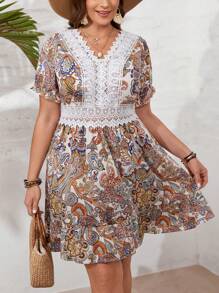 SHEIN VCAY Plus Size Women's Paisley Printed Lace Patchwork Country Concert Dress - Multicolor - View 1