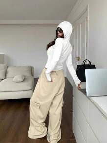 SHEIN EZwear 女裝純色修身長袖t恤 - 白色 - 查看 2