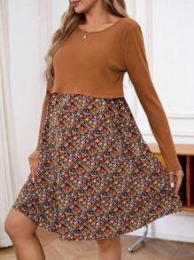 SHEIN Maternity Nursing Floral Patchwork And Print Dress With Long Sleeve - Brown - View 3