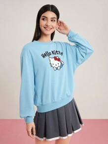 HELLO KITTY AND FRIENDS | SHEIN Suéter Redondo Con Estampado De Gato De Dibujos Animados - Azul - Ver 5