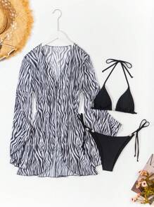 SHEIN Swim Women's Three-Piece Zebra Print Bikini Set Summer Beach - Multicolor - View 4