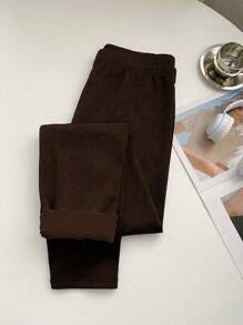 Flirla 大码纯色保暖内衬紧身裤 - 棕色 - 查看 5