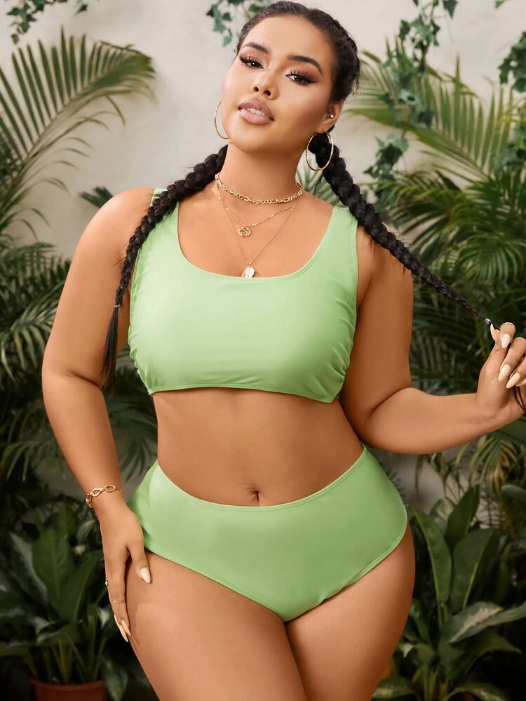 Plus Size Women's Solid Color Bikini Set And Letter Printed Cover Up Music Festival Summer