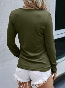 SHEIN LUNE Solid Color Long Sleeve T-Shirt - Army Green - View 2
