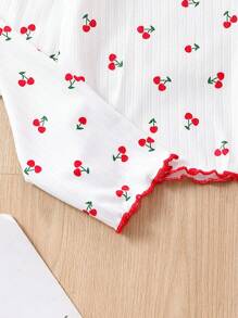 SHEIN Tween Girl Cherry Printed Casual Half Placket Long Sleeve Home Suit - White - View 3
