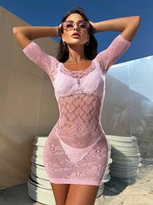 1件女款短袖透明性感網紗連衣裙 - 粉色 - 查看 4
