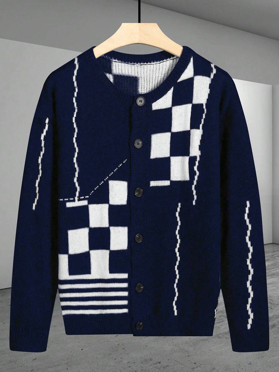 Manfinity Hypemode Men's Plaid & Striped Patchwork Cardigan Sweater - Multicolor - View 1