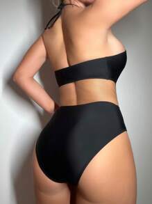 Swim SXY Solid Color Halter One-Piece Swimsuit With Hollow Out Detail Music Festival Summer - Black - View 2