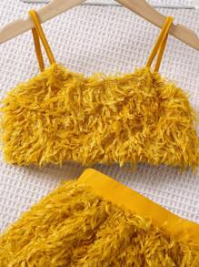 SHEIN Young Girl Plush Solid Color Cami Top & Skirt Set - Ginger - View 4