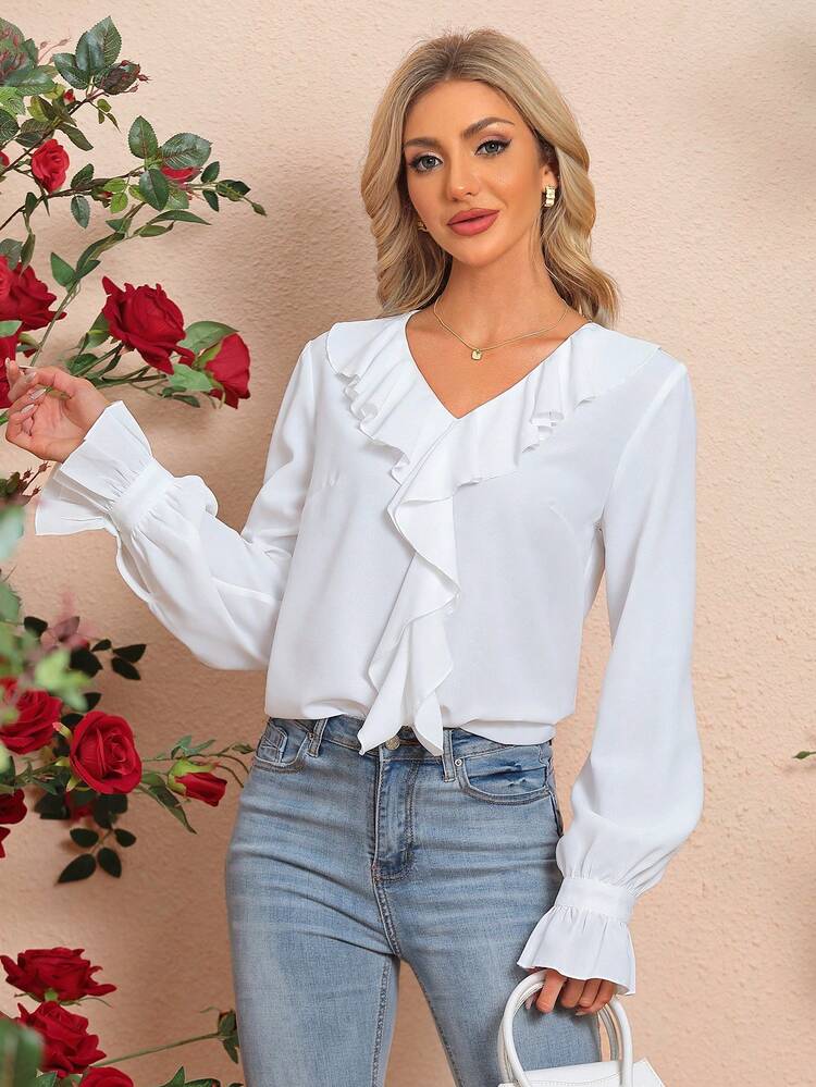 Women's Solid Color Ruffle Hem Blouse