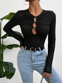 SHEIN Essnce Women's Hollow Out & Pleated Slim Fit T-Shirt - Black - View 4