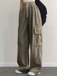 DAZY 女式抽绳腰斜口袋裤子 - 軍綠色 - 查看 4