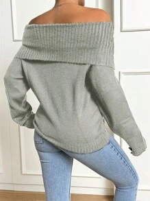 EURMUSE Suéter De Hombro Descubierto De Color Sólido Para Mujer - Gris Claro - Ver 2
