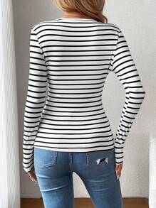 SHEIN LUNE Ladies' V-Neck Long Sleeve Striped T-Shirt - Black and White - View 2