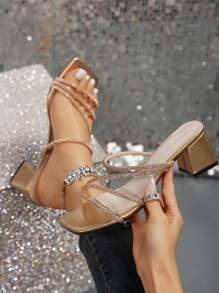 玫瑰金仙女風方頭粗跟涼鞋女時尚法式水鑽高跟鞋適合夏秋 - 玫瑰金 - 查看 1