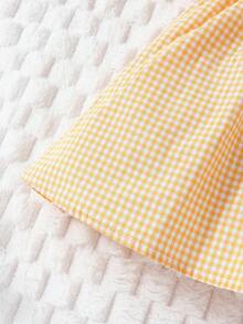 SHEIN Em bé Cô gái Giải trí Thanh lịch Vintage Thêu hoa Vàng & Trắng Kẻ sọc Đứng cổ áo Đầm Cho mùa xuân Và Mùa hè , Thích hợp - trái cam - Xem 3