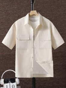翻蓋口袋短袖襯衫 - 卡其色 - 查看 1