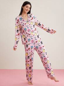 HELLO KITTY AND FRIENDS | SHEIN Cartoon Print Full Sleeve Shirt And Long Pants Pajama Set, Fall Clothes - Multicolor - View 5