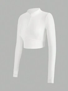 SHEIN Sports 純色拉鍊開襟半扣合修身運動衫 - 白色 - 查看 8