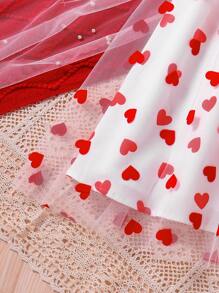 SHEIN Explorewe Tween Girls' Heart Pattern Printed Mesh Splice Cami Dress - White - View 4