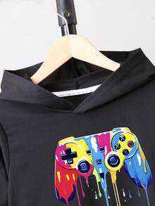 青少年男孩連帽衛衣,印有遊戲機圖案 - 黑色 - 查看 5