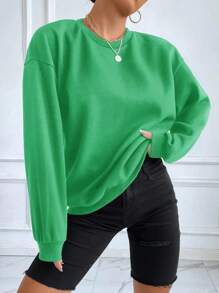 EURMUSE Solid Drop Shoulder Sweatshirt - Green - View 4
