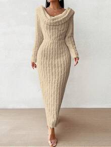 SHEIN Privé Cowl Neck Long Sleeve Hooded Dress - Brown - View 6