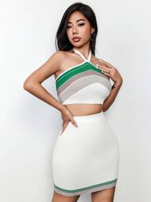 Flirla Conjunto De Suéter De Punto De Dos Piezas Para Mujer Con Bloques De Color Y Rayas - Blanco - Ver 4
