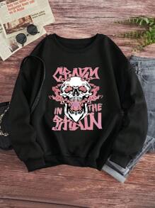 INAWLY 女士骷髅头和标语印花圆领套头卫衣秋季卫衣 - 黑色 - 查看 1